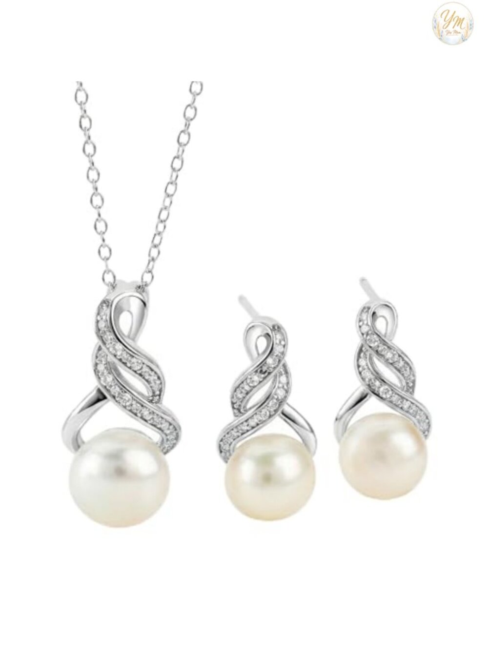 Real Diamond Sterling Silver Pearl Necklace and Earring Set Bridal Jewelry Gift